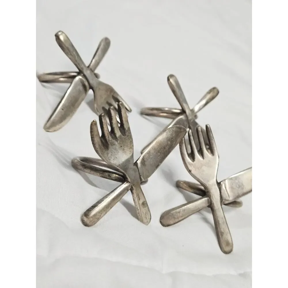 Set of 4 Silver Plated Knife and Fork Napkin Rings Vtg Art Decor Brass Antique